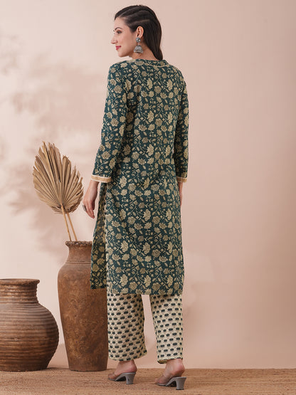 Ethnic Floral Printed Straight Fit Kurta with Pant - Green