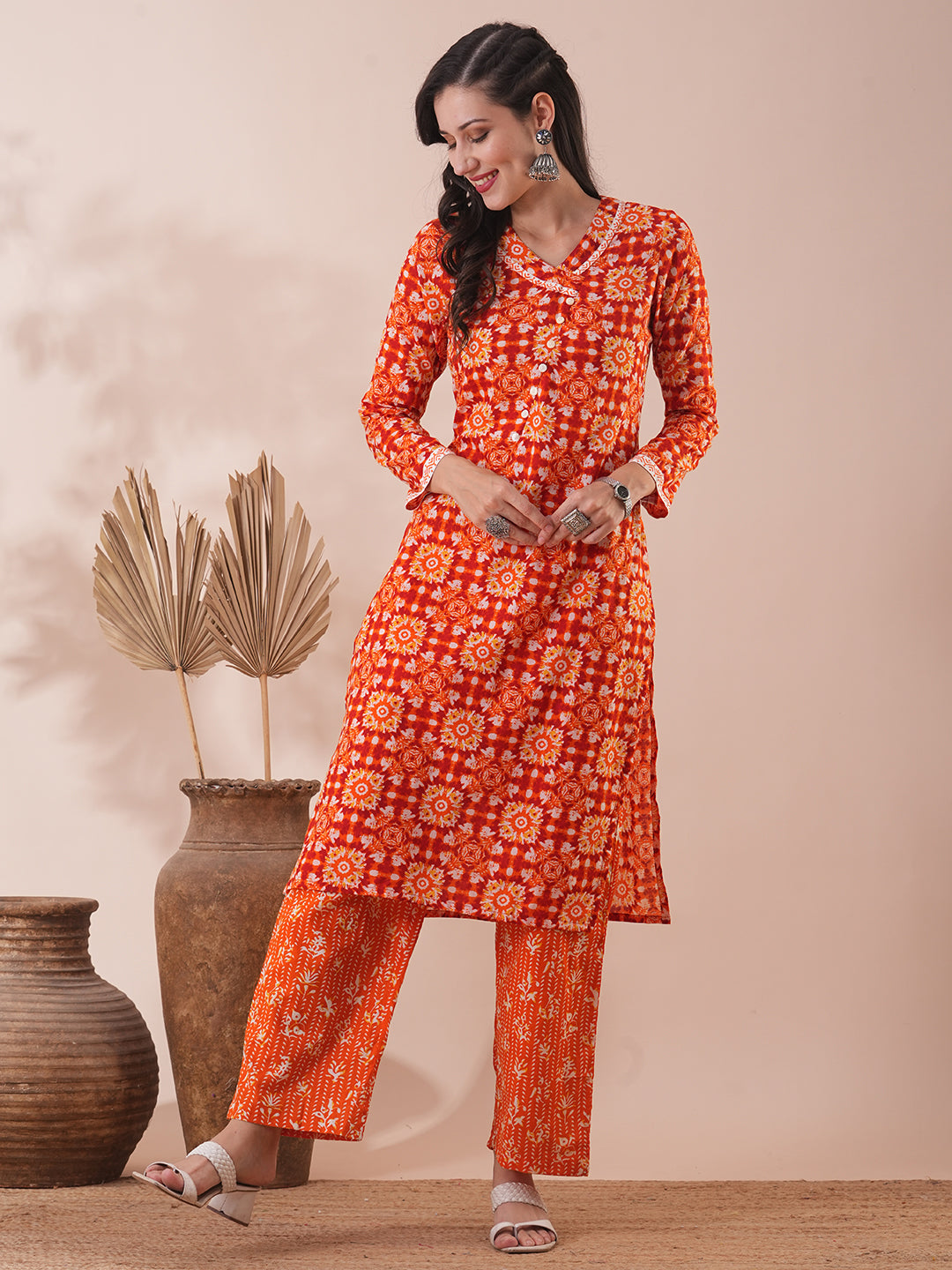 Ethnic Floral Printed Straight Fit Kurta with Pant - Orange