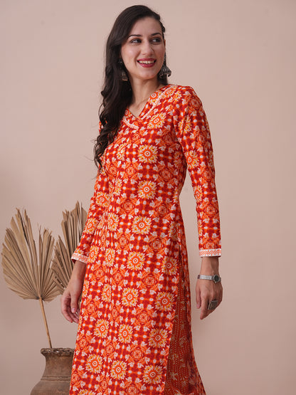 Ethnic Floral Printed Straight Fit Kurta with Pant - Orange