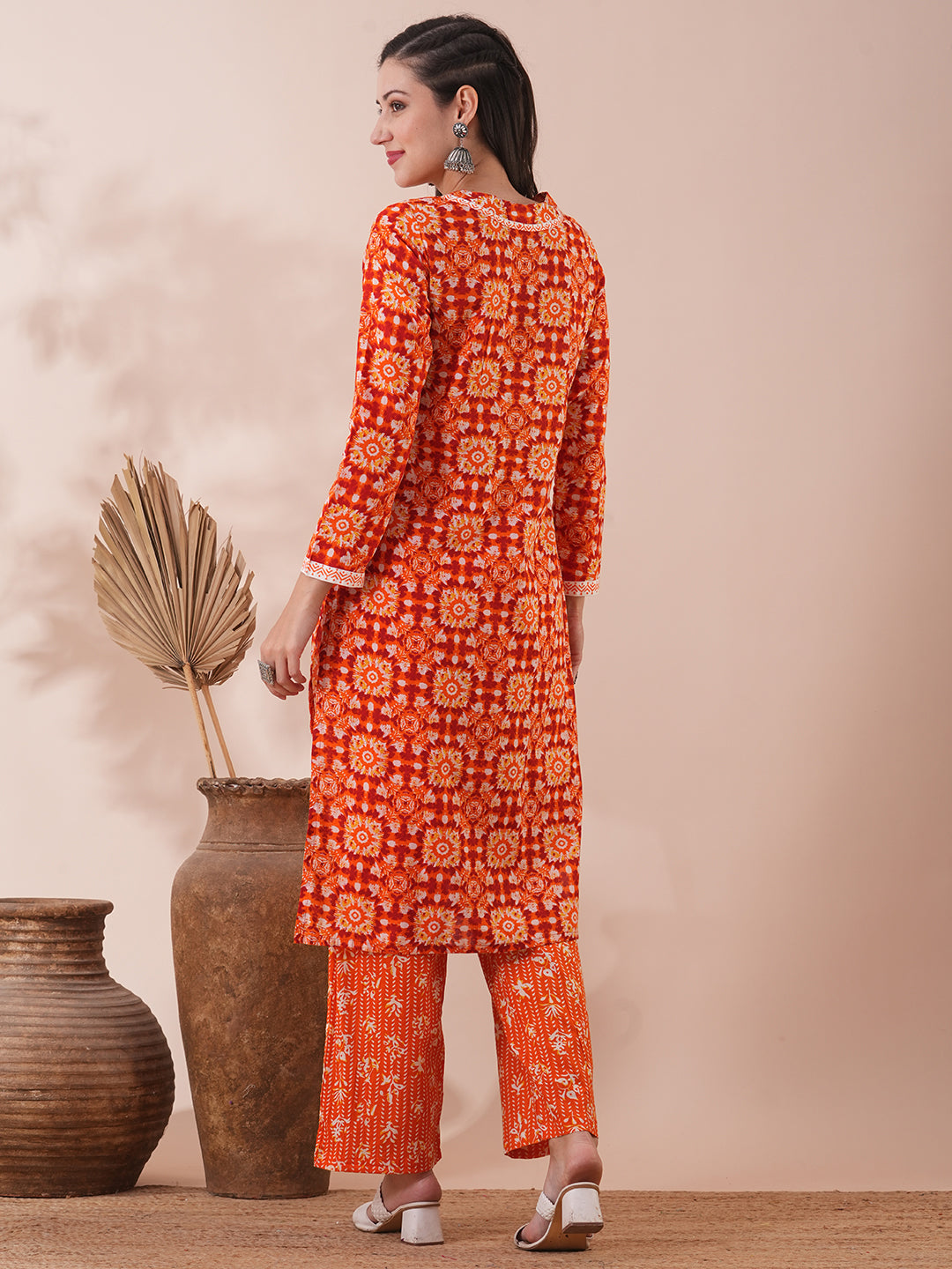 Ethnic Floral Printed Straight Fit Kurta with Pant - Orange