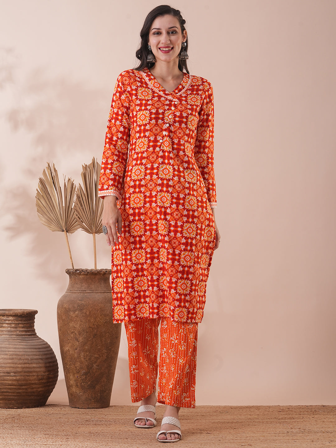 Ethnic Floral Printed Straight Fit Kurta with Pant - Orange