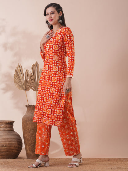 Ethnic Floral Printed Straight Fit Kurta with Pant - Orange