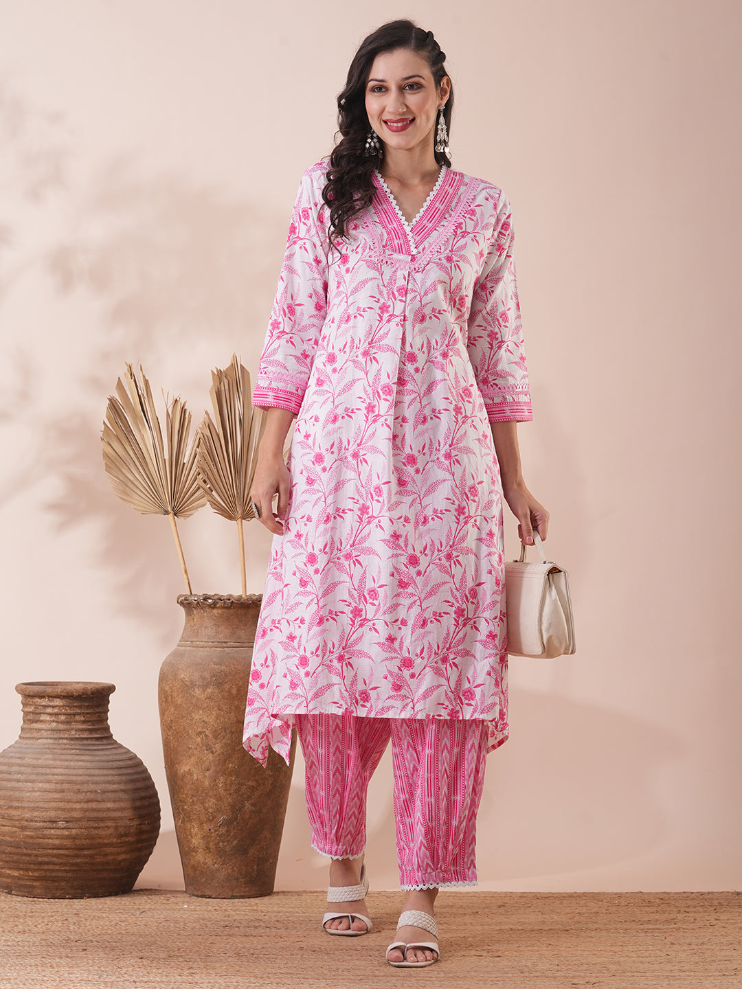 Ethnic Floral Printed A-Line Kurta with Pleated Pant - White