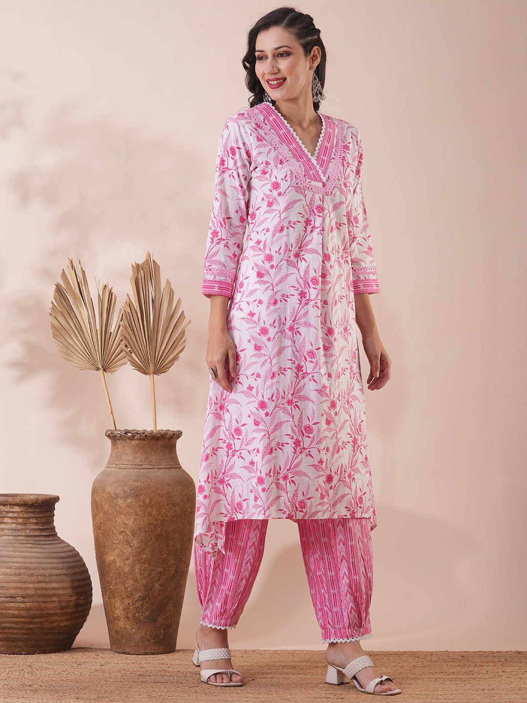 Ethnic Floral Printed A-Line Kurta with Pleated Pant - White