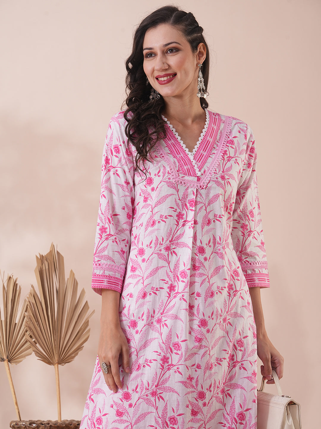 Ethnic Floral Printed A-Line Kurta with Pleated Pant - White