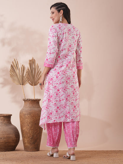 Ethnic Floral Printed A-Line Kurta with Pleated Pant - White