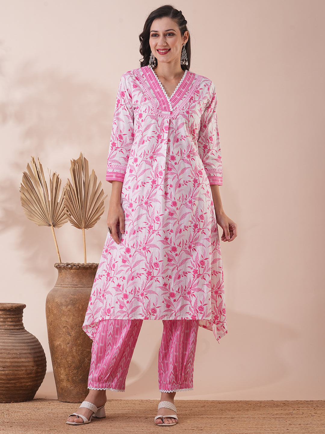 Ethnic Floral Printed A-Line Kurta with Pleated Pant - White