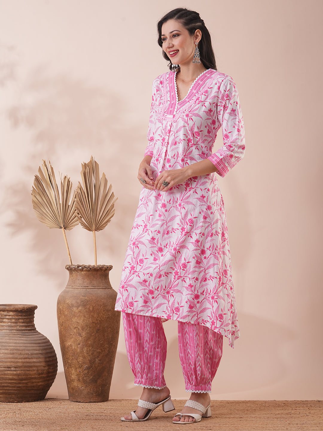 Ethnic Floral Printed A-Line Kurta with Pleated Pant - White