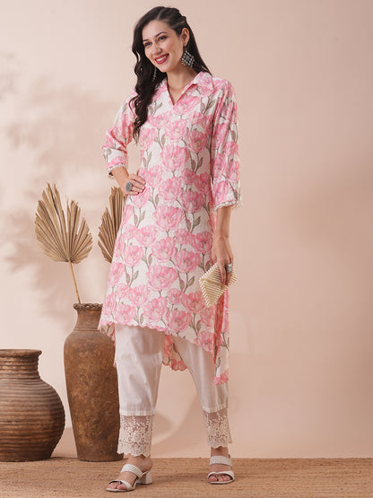 Abstract Floral Foil Printed & Embroidered A-Line Kurta with Pant - Pink