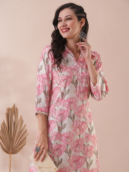 Abstract Floral Foil Printed & Embroidered A-Line Kurta with Pant - Pink