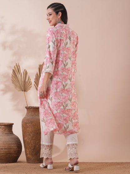 Abstract Floral Foil Printed & Embroidered A-Line Kurta with Pant - Pink