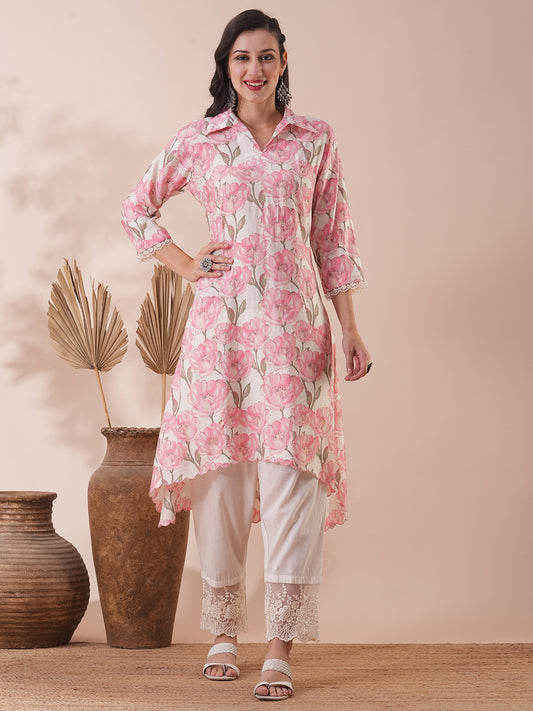 Abstract Floral Foil Printed & Embroidered A-Line Kurta with Pant - Pink