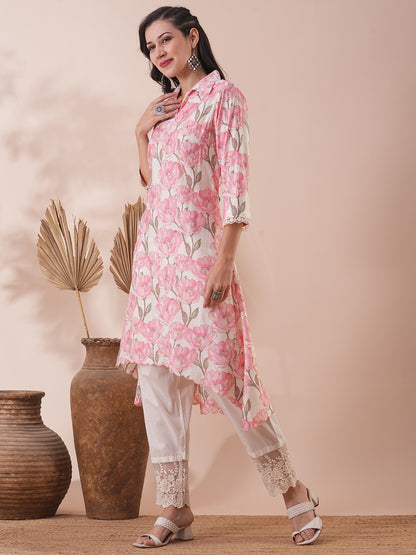 Abstract Floral Foil Printed & Embroidered A-Line Kurta with Pant - Pink