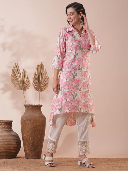 Abstract Floral Foil Printed & Embroidered A-Line Kurta with Pant - Pink