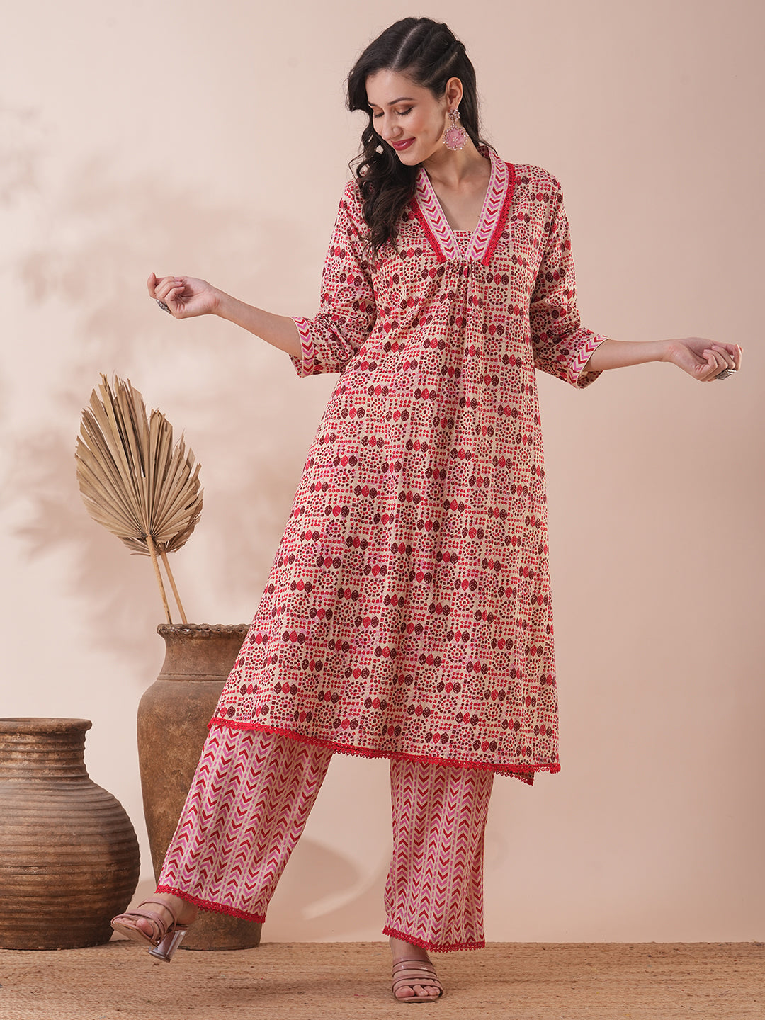 Ethnic Geometric Printed A-Line Pleated Kurta with Palazzo - Multi