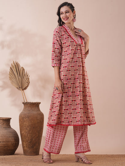 Ethnic Geometric Printed A-Line Pleated Kurta with Palazzo - Multi