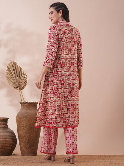 Ethnic Geometric Printed A-Line Pleated Kurta with Palazzo - Multi