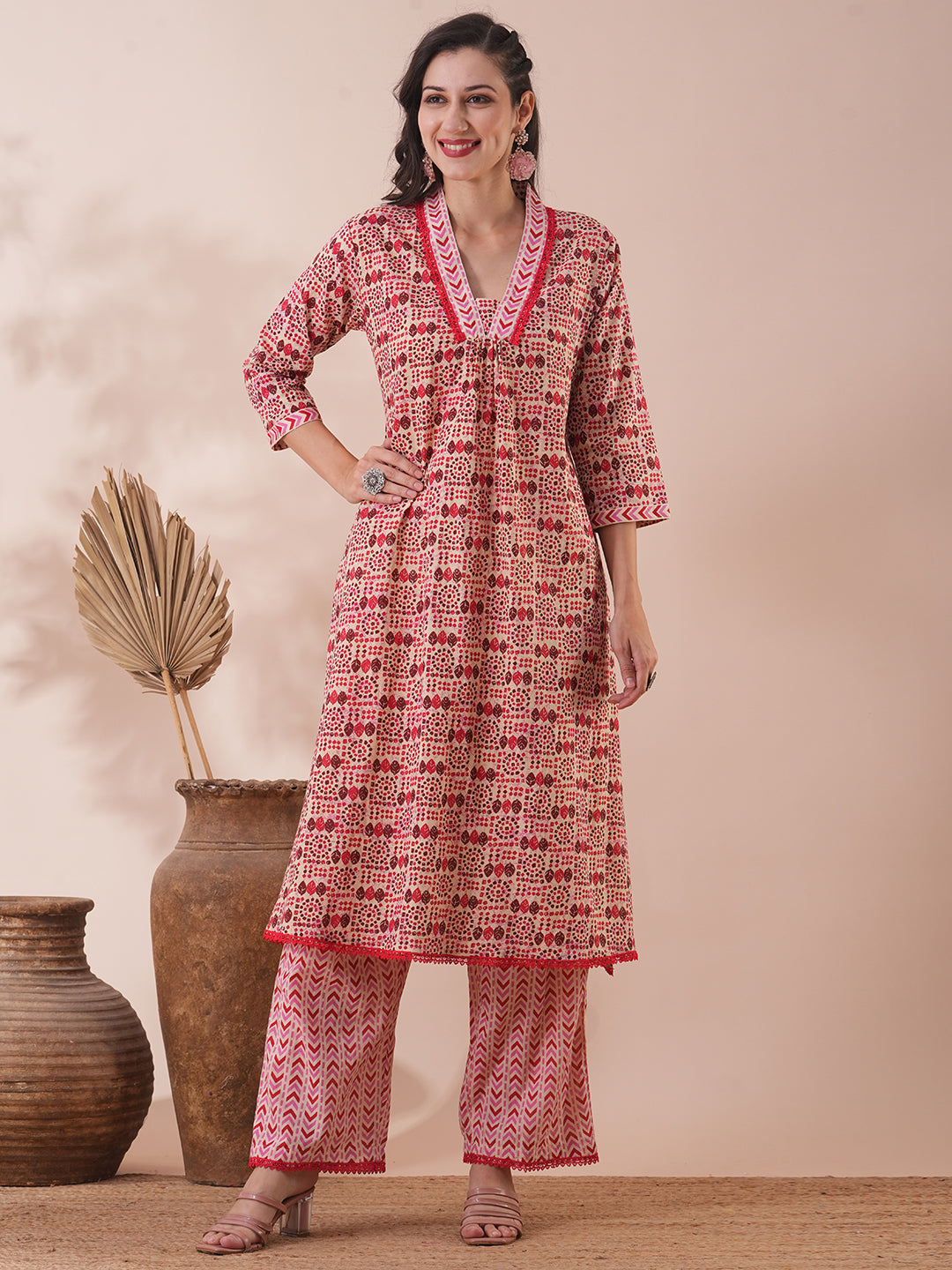 Ethnic Geometric Printed A-Line Pleated Kurta with Palazzo - Multi