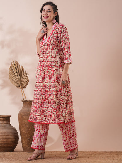 Ethnic Geometric Printed A-Line Pleated Kurta with Palazzo - Multi