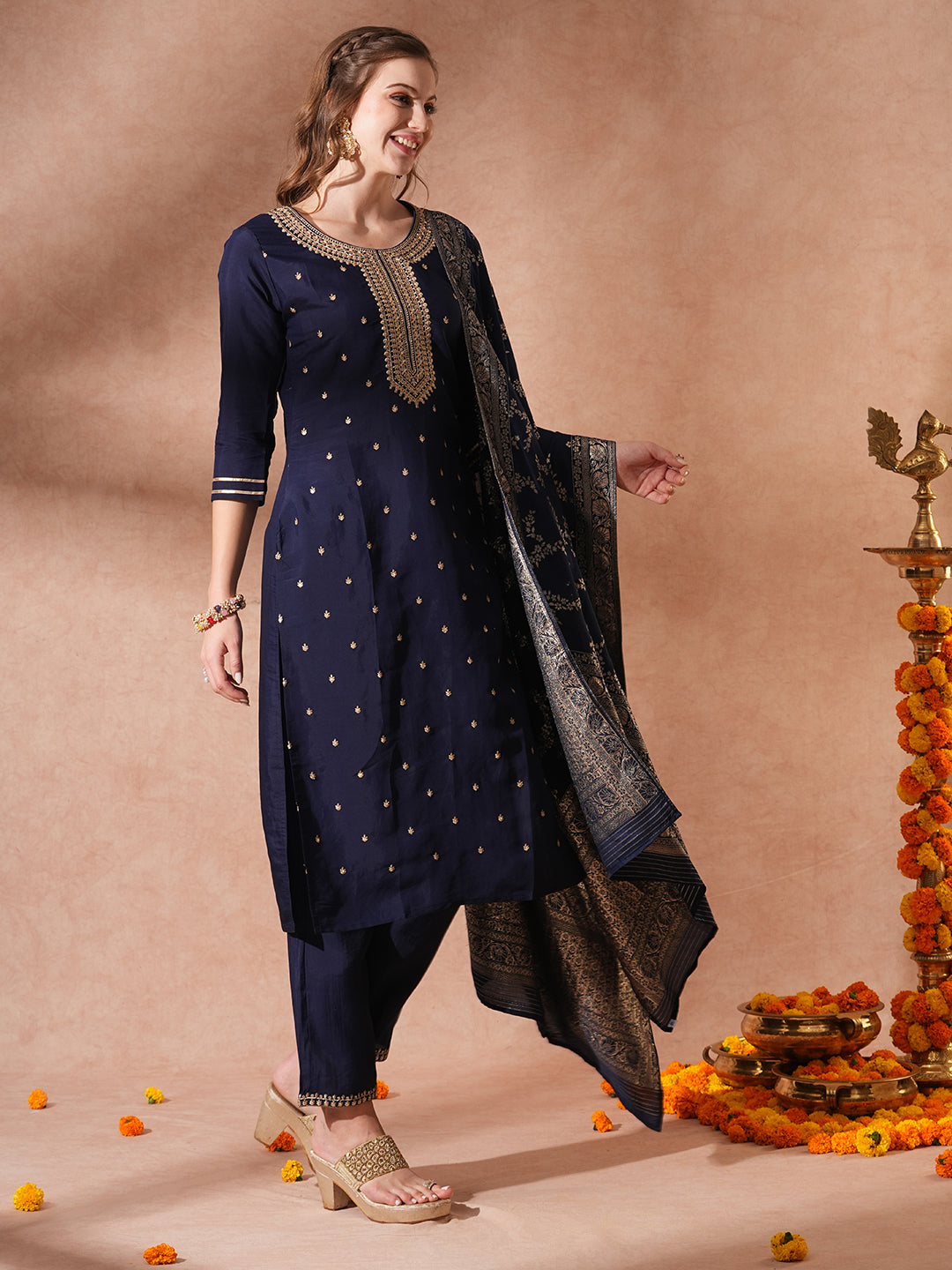 Solid Ethnic Embroidered Straight Fit Kurta with Pant & Dupatta - Blue