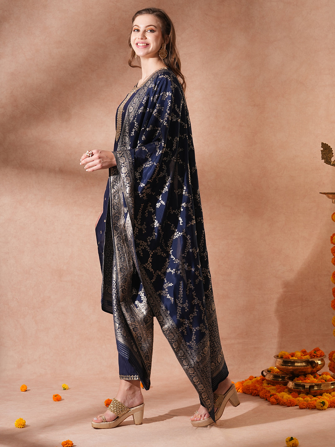 Solid Ethnic Embroidered Straight Fit Kurta with Pant & Dupatta - Blue