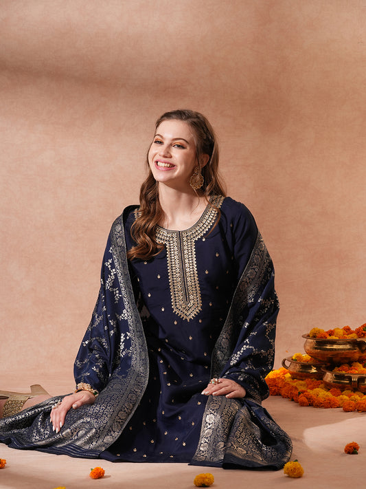 Solid Ethnic Embroidered Straight Fit Kurta with Pant & Dupatta - Blue