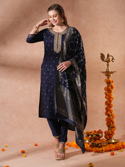 Solid Ethnic Embroidered Straight Fit Kurta with Pant & Dupatta - Blue