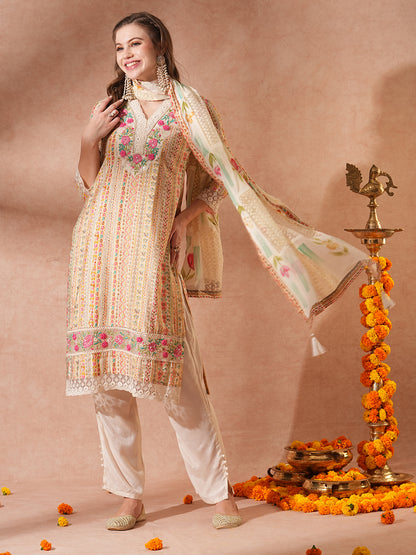 Ethnic Printed & Embroidered Straight Fit Kurta with Pant & Dupatta - Multi