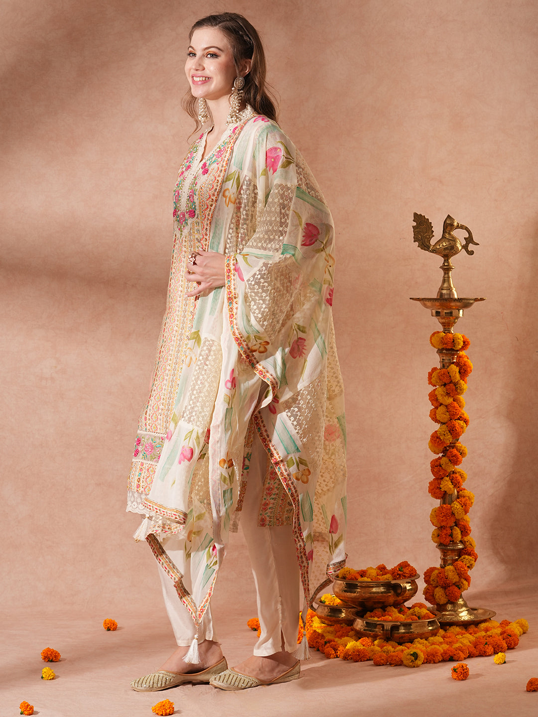 Ethnic Printed & Embroidered Straight Fit Kurta with Pant & Dupatta - Multi