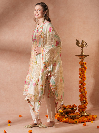 Ethnic Printed & Embroidered Straight Fit Kurta with Pant & Dupatta - Multi