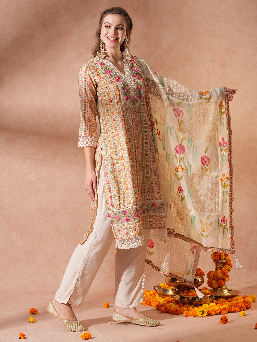 Ethnic Printed & Embroidered Straight Fit Kurta with Pant & Dupatta - Multi