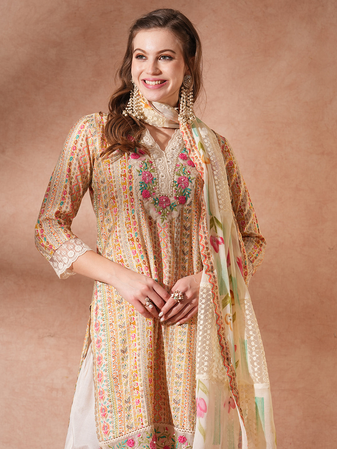 Ethnic Printed & Embroidered Straight Fit Kurta with Pant & Dupatta - Multi