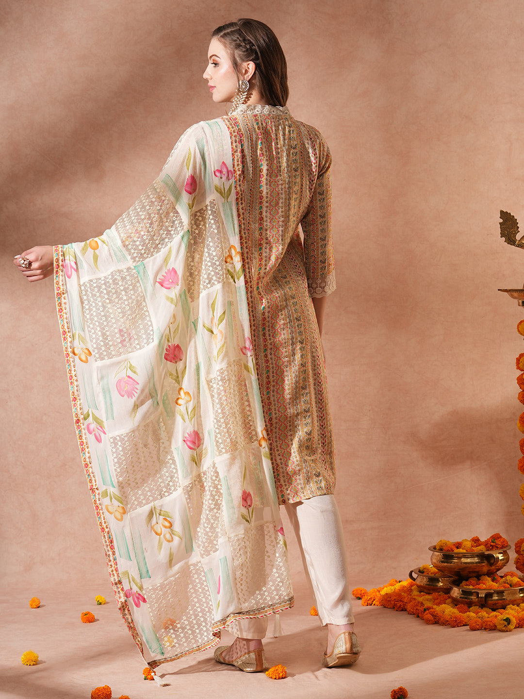 Ethnic Printed & Embroidered Straight Fit Kurta with Pant & Dupatta - Multi