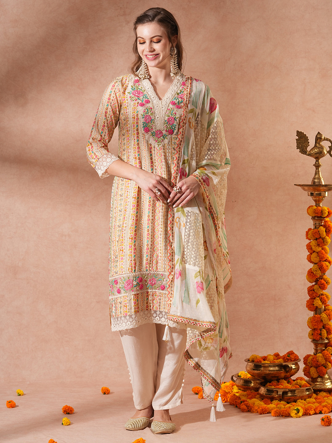 Ethnic Printed & Embroidered Straight Fit Kurta with Pant & Dupatta - Multi