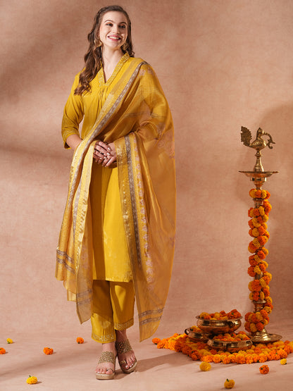 Solid Ethnic Embroidered Straight Kurta with Pant & Printed Dupatta -Yellow