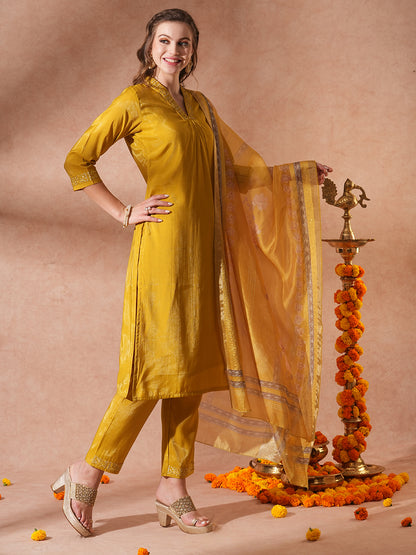 Solid Ethnic Embroidered Straight Kurta with Pant & Printed Dupatta -Yellow