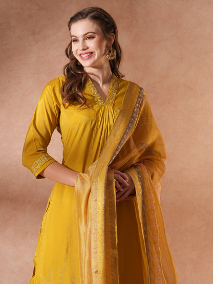 Solid Ethnic Embroidered Straight Kurta with Pant & Printed Dupatta -Yellow