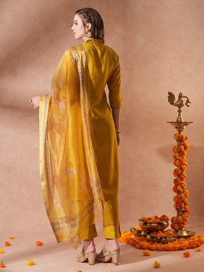 Solid Ethnic Embroidered Straight Kurta with Pant & Printed Dupatta -Yellow