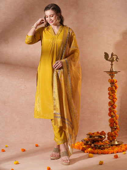 Solid Ethnic Embroidered Straight Kurta with Pant & Printed Dupatta -Yellow