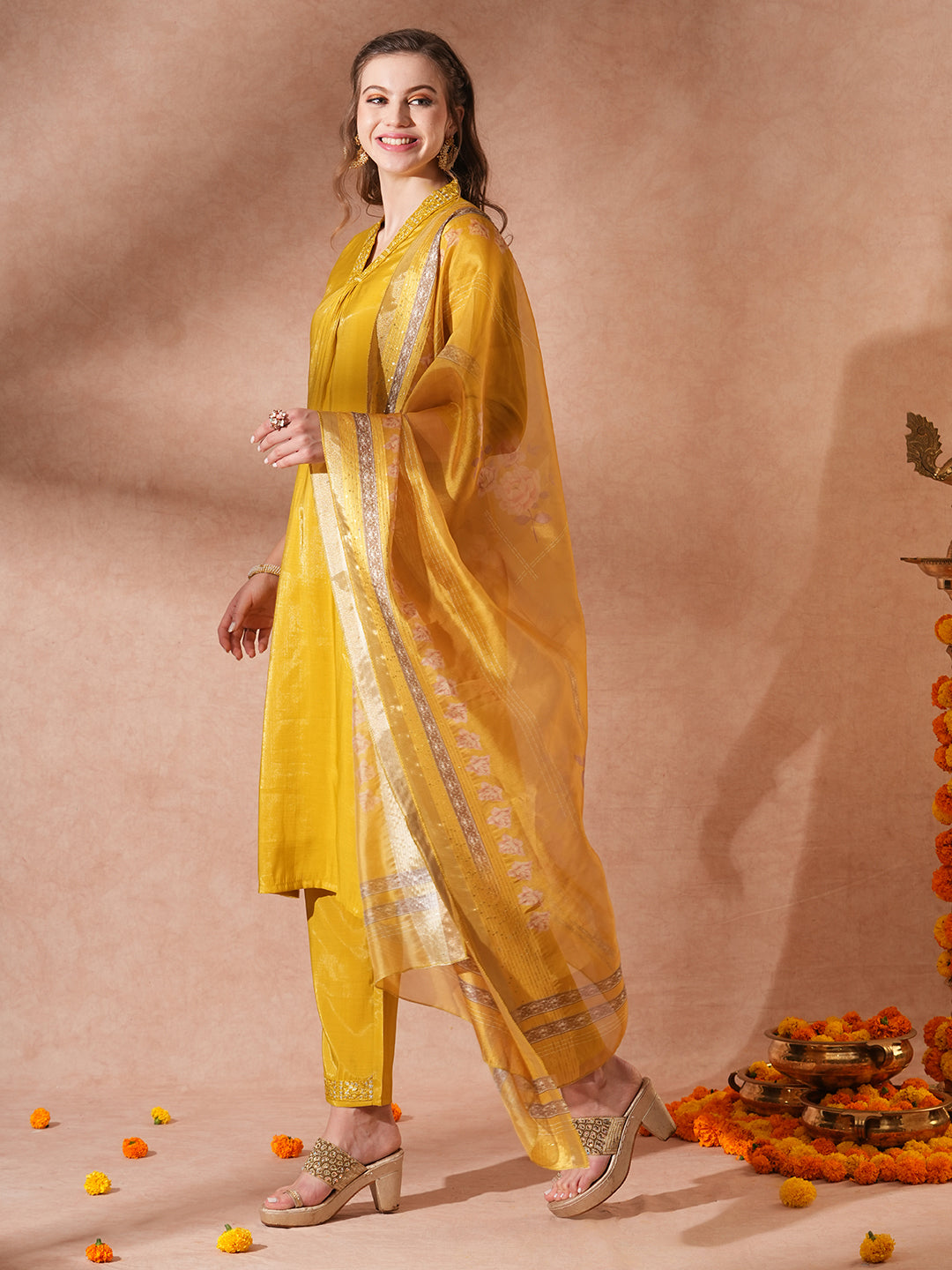 Solid Ethnic Embroidered Straight Kurta with Pant & Printed Dupatta -Yellow