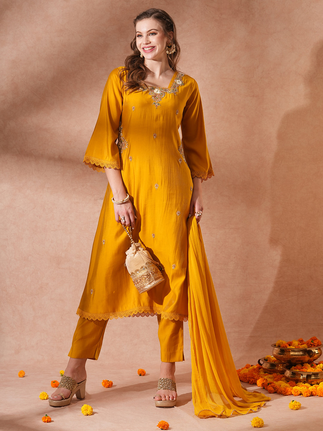 Solid Ethnic Embroidered Straight Fit Kurta with Pant & Dupatta - Mustard