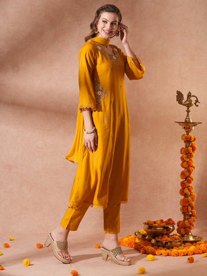 Solid Ethnic Embroidered Straight Fit Kurta with Pant & Dupatta - Mustard