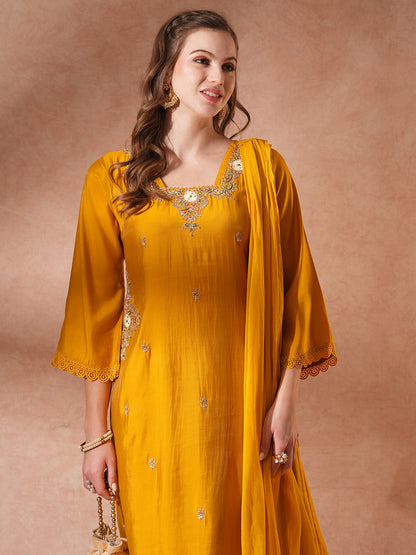 Solid Ethnic Embroidered Straight Fit Kurta with Pant & Dupatta - Mustard