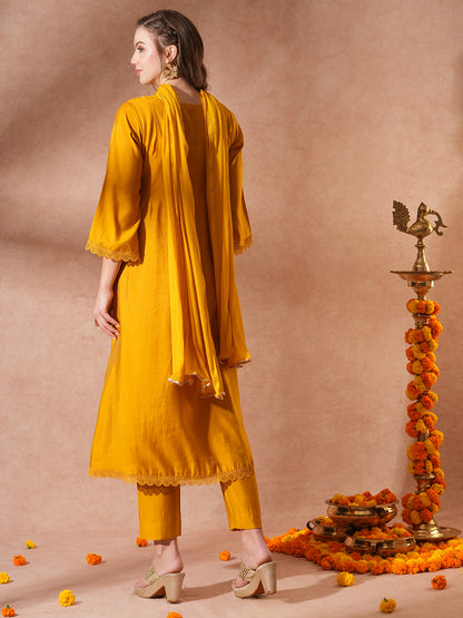 Solid Ethnic Embroidered Straight Fit Kurta with Pant & Dupatta - Mustard