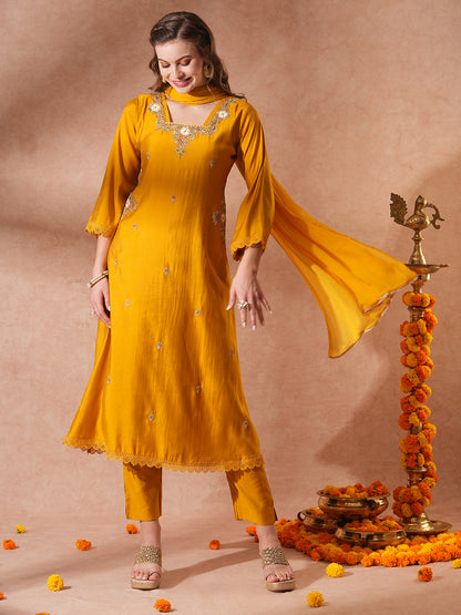 Solid Ethnic Embroidered Straight Fit Kurta with Pant & Dupatta - Mustard