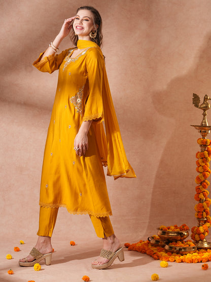 Solid Ethnic Embroidered Straight Fit Kurta with Pant & Dupatta - Mustard