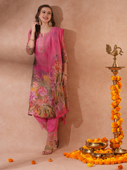 Floral Printed & Hand Embroidered Straight Fit Kurta with Pant & Dupatta - Pink