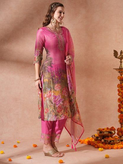 Floral Printed & Hand Embroidered Straight Fit Kurta with Pant & Dupatta - Pink