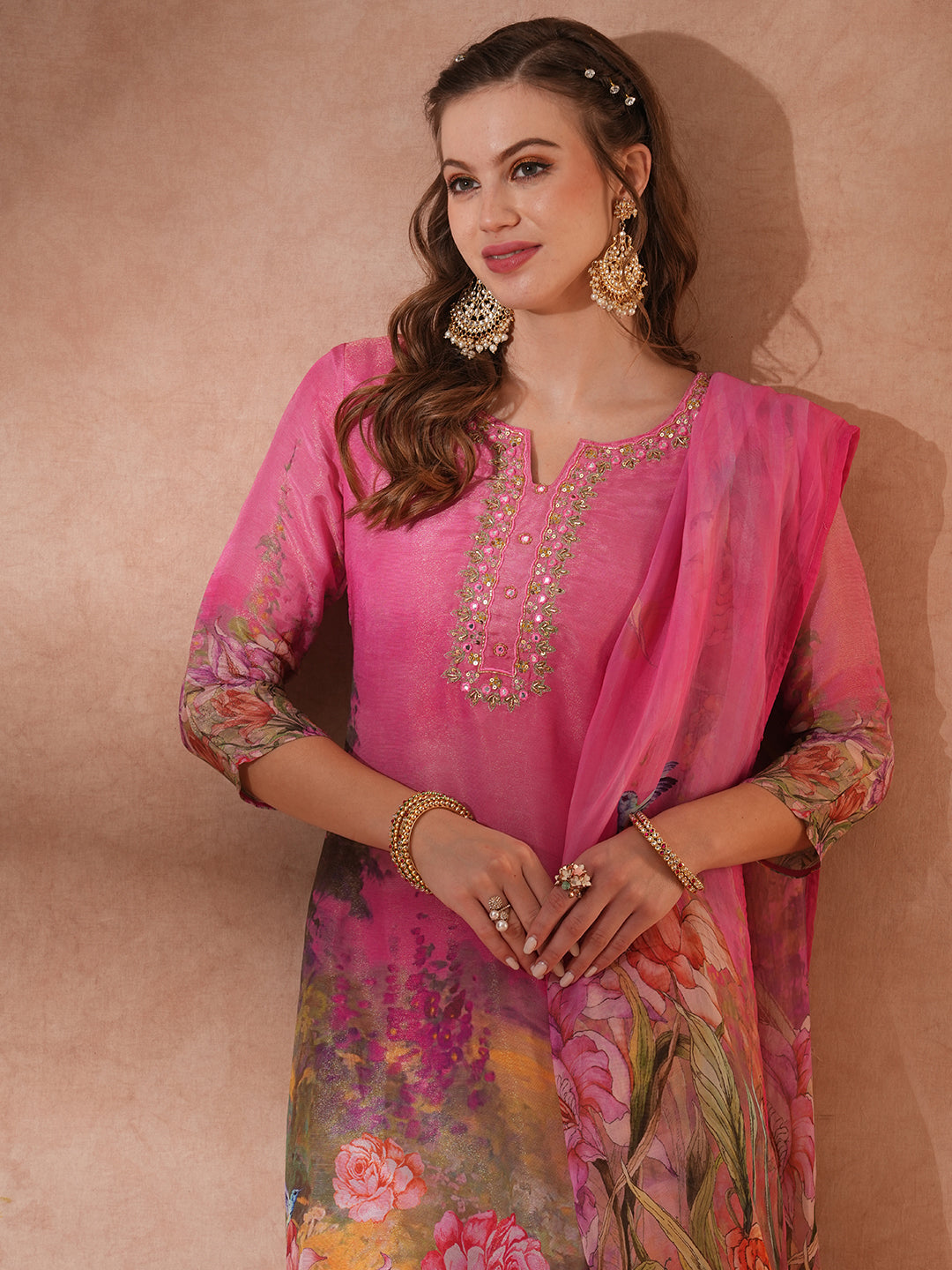 Floral Printed & Hand Embroidered Straight Fit Kurta with Pant & Dupatta - Pink