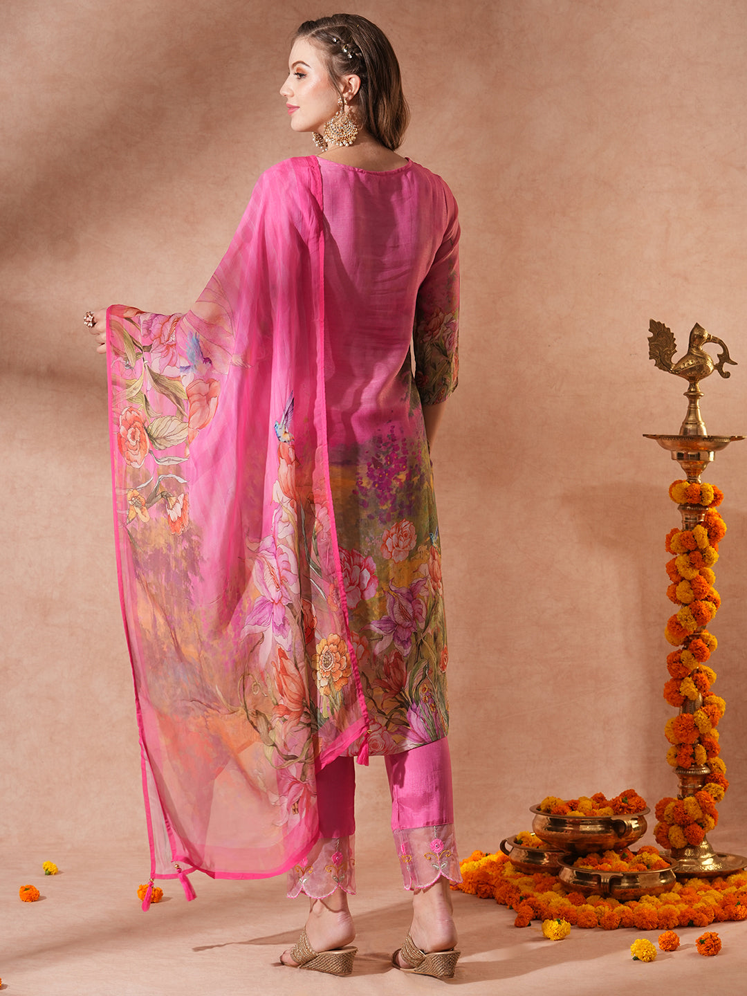 Floral Printed & Hand Embroidered Straight Fit Kurta with Pant & Dupatta - Pink